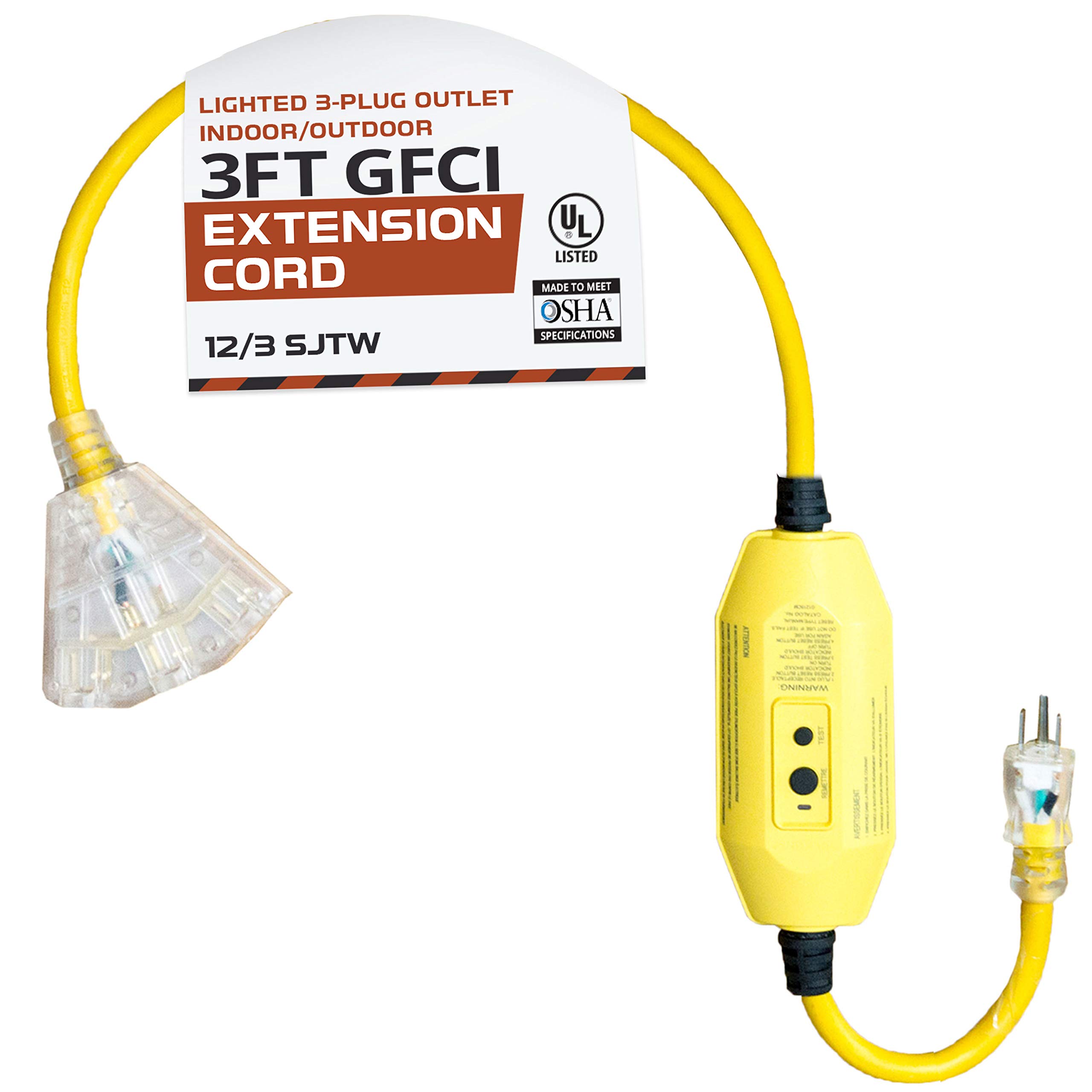 IRON FORGE CABLE 3 Foot Lighted Outdoor GFCI Extension Cord with 3 Electrical Power Outlets - 12/3 SJTW Heavy Duty Yellow Pigtail Extension Cable with 3 Prong Grounded Plug for Safety, 15 AMP